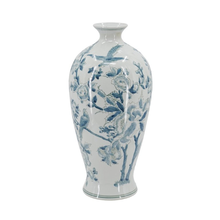 English Elm D8.3x17.3 Chinoiserie Porcelain Baluster Vase Songbird Peony Mirror Glaze Mantel Accent W2078P556188