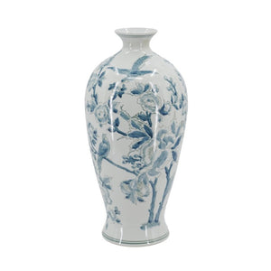 English Elm D8.3x17.3 Chinoiserie Porcelain Baluster Vase Songbird Peony Mirror Glaze Mantel Accent W2078P556188