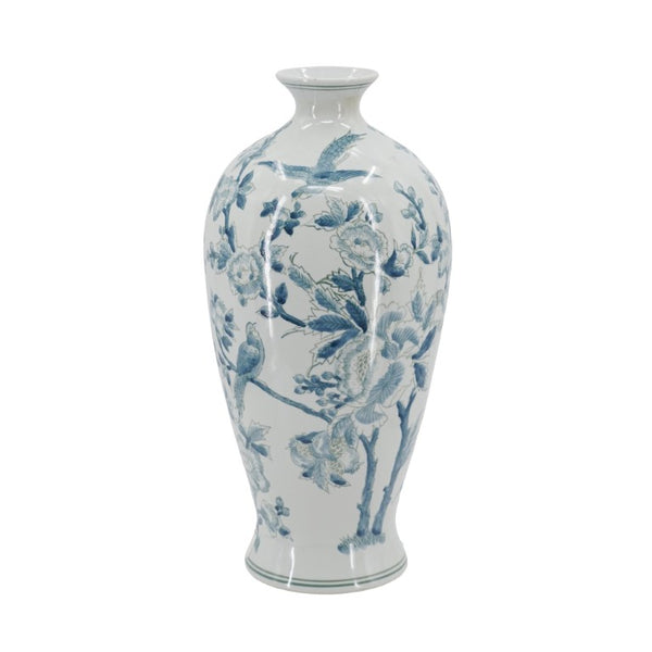 English Elm D8.3x17.3 Chinoiserie Porcelain Baluster Vase Songbird Peony Mirror Glaze Mantel Accent W2078P556188