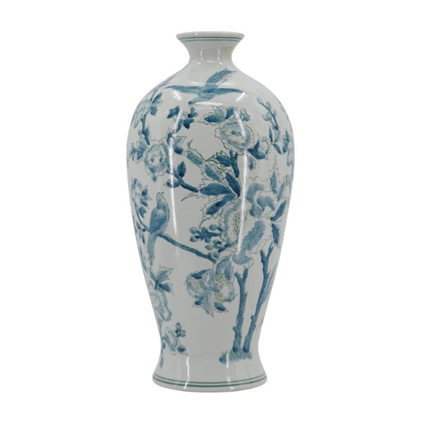 English Elm D8.3x17.3 Chinoiserie Porcelain Baluster Vase Songbird Peony Mirror Glaze Mantel Accent W2078P556188