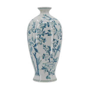English Elm D8.3x17.3 Chinoiserie Porcelain Baluster Vase Songbird Peony Mirror Glaze Mantel Accent W2078P556188
