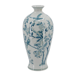 English Elm D8.3x17.3 Chinoiserie Porcelain Baluster Vase Songbird Peony Mirror Glaze Mantel Accent W2078P556188