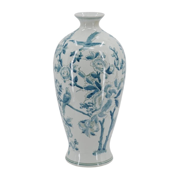 English Elm D8.3x17.3 Chinoiserie Porcelain Baluster Vase Songbird Peony Mirror Glaze Mantel Accent W2078P556188