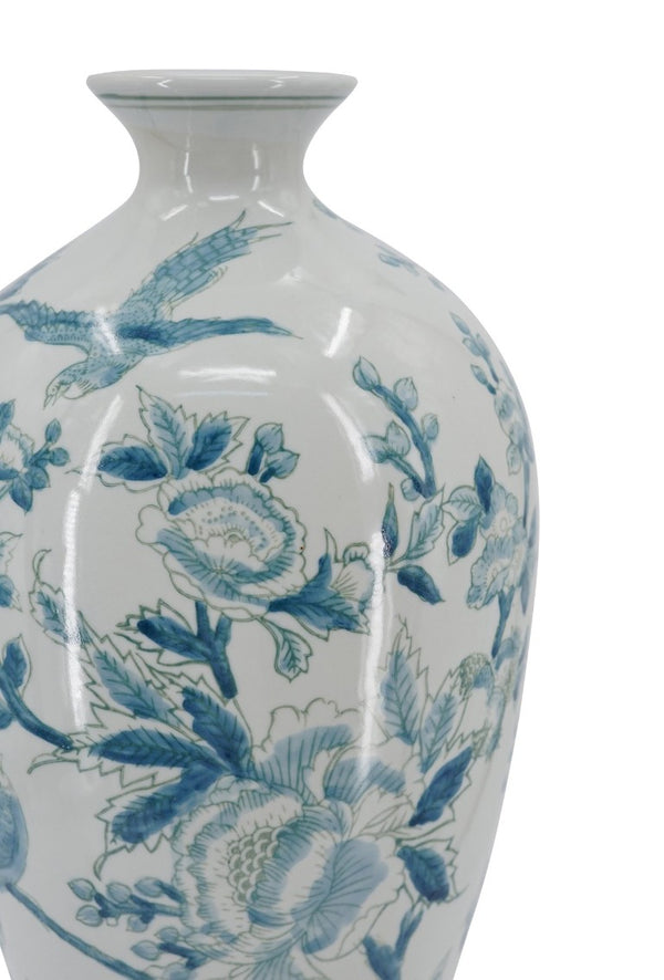 English Elm D8.3x17.3 Chinoiserie Porcelain Baluster Vase Songbird Peony Mirror Glaze Mantel Accent W2078P556188