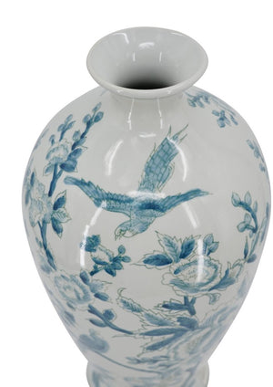 English Elm D8.3x17.3 Chinoiserie Porcelain Baluster Vase Songbird Peony Mirror Glaze Mantel Accent W2078P556188