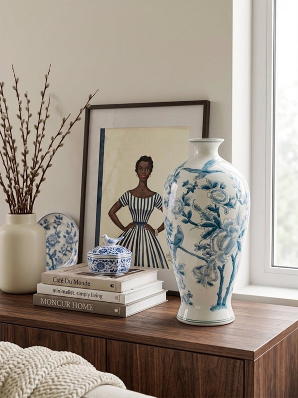 English Elm D8.3x17.3 Chinoiserie Porcelain Baluster Vase Songbird Peony Mirror Glaze Mantel Accent W2078P556188