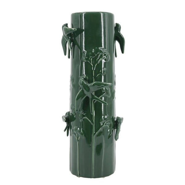 English Elm D7.9x18.9 Tall Handcrafted Ceramic Floor Vase Relief Birds Vines Glossy Green Finish W2078P556198