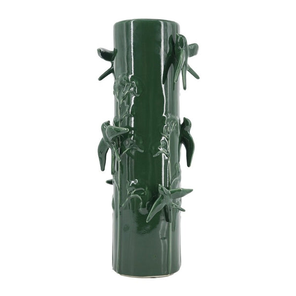 English Elm D7.9x18.9 Tall Handcrafted Ceramic Floor Vase Relief Birds Vines Glossy Green Finish W2078P556198