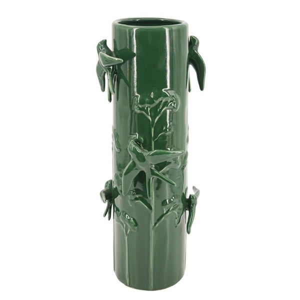 English Elm D7.9x18.9 Tall Handcrafted Ceramic Floor Vase Relief Birds Vines Glossy Green Finish W2078P556198