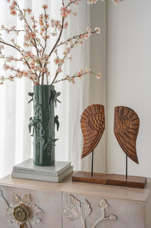 English Elm D7.9x18.9 Tall Handcrafted Ceramic Floor Vase Relief Birds Vines Glossy Green Finish W2078P556198