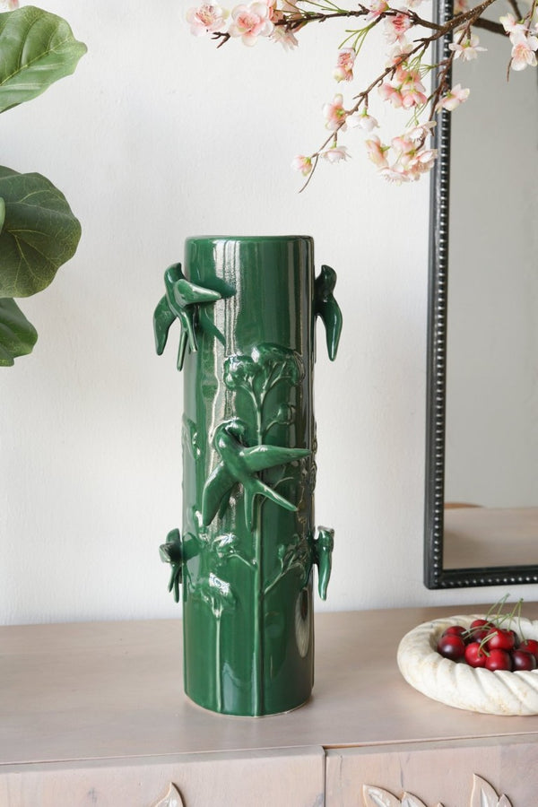 English Elm D7.9x18.9 Tall Handcrafted Ceramic Floor Vase Relief Birds Vines Glossy Green Finish W2078P556198