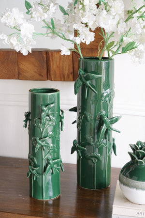 English Elm D7.9x18.9 Tall Handcrafted Ceramic Floor Vase Relief Birds Vines Glossy Green Finish W2078P556198