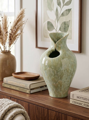 English Elm D9.8x16.5 Tall Sculptural Ceramic Vase with Reactive Sage Glaze for Entryway or Mantle W2078P556200