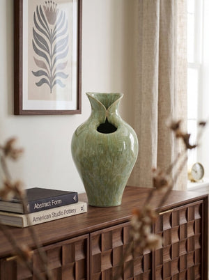 English Elm D9.8x16.5 Tall Sculptural Ceramic Vase with Reactive Sage Glaze for Entryway or Mantle W2078P556200