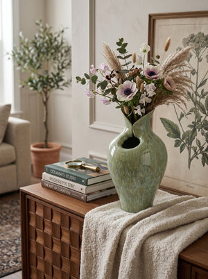 English Elm D9.8x16.5 Tall Sculptural Ceramic Vase with Reactive Sage Glaze for Entryway or Mantle W2078P556200