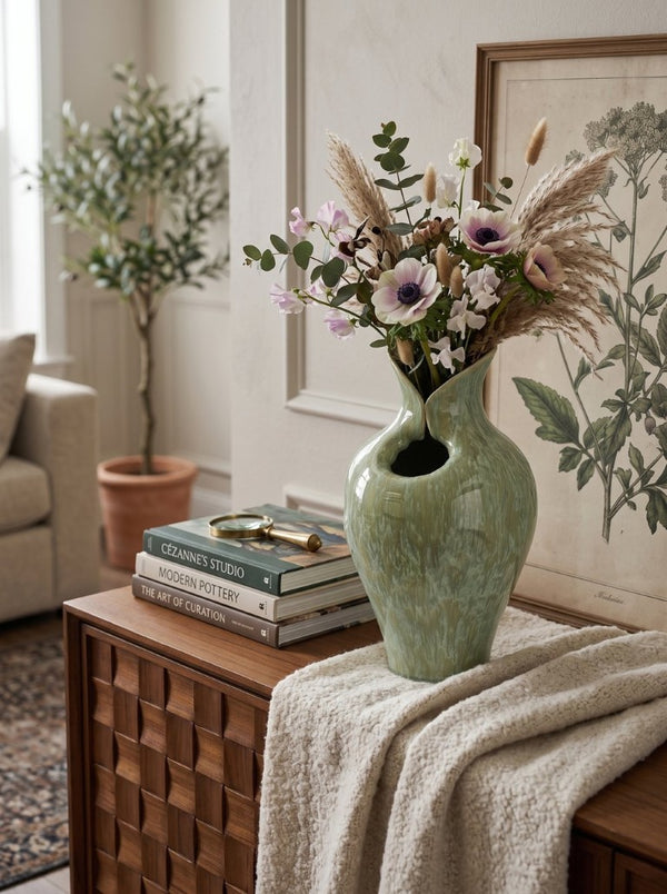 English Elm D9.8x16.5 Tall Sculptural Ceramic Vase with Reactive Sage Glaze for Entryway or Mantle W2078P556200