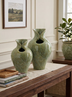 English Elm D9.8x16.5 Tall Sculptural Ceramic Vase with Reactive Sage Glaze for Entryway or Mantle W2078P556200