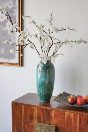 English Elm D8x17.7 Handcrafted Ceramic Floor Vase Reactive Glaze Oceanic Blue Green Artisan Finish W2078P556203