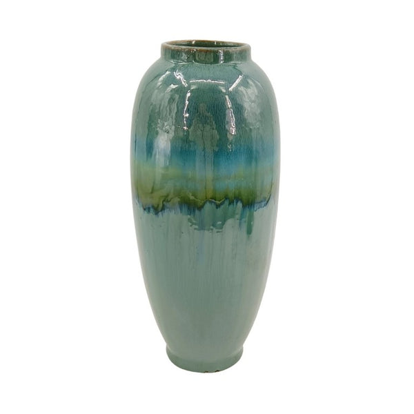 English Elm D8x17.7 Handcrafted Ceramic Floor Vase Reactive Glaze Oceanic Blue Green Artisan Finish W2078P556203