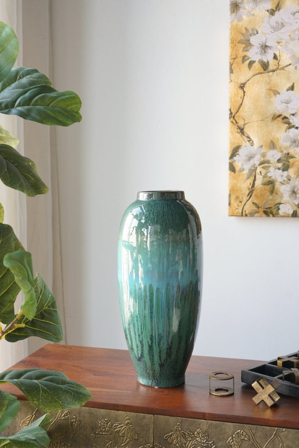 English Elm D8x17.7 Handcrafted Ceramic Floor Vase Reactive Glaze Oceanic Blue Green Artisan Finish W2078P556203