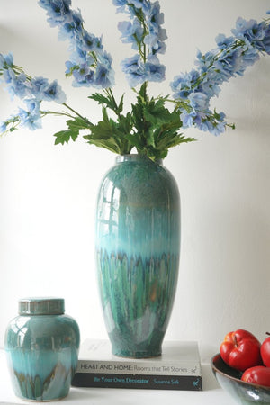 English Elm D8x17.7 Handcrafted Ceramic Floor Vase Reactive Glaze Oceanic Blue Green Artisan Finish W2078P556203