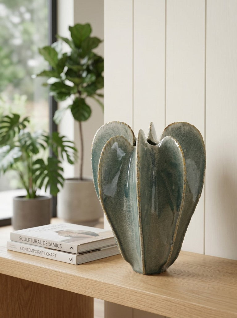 English Elm D11.6x15.7 Saguaro Ribbed Ceramic Urn Sage Reactive Glaze Sculptural Floor Vase W2078P556209