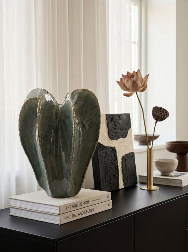 English Elm D11.6x15.7 Saguaro Ribbed Ceramic Urn Sage Reactive Glaze Sculptural Floor Vase W2078P556209