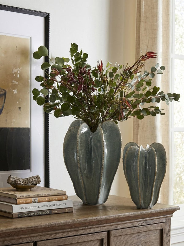 English Elm D11.6x15.7 Saguaro Ribbed Ceramic Urn Sage Reactive Glaze Sculptural Floor Vase W2078P556209