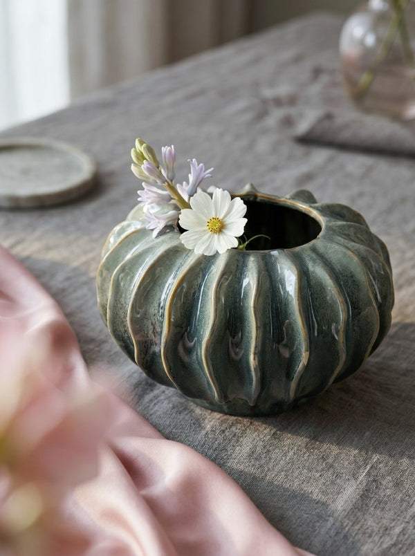 English Elm D13.2x7.5 Ribbed Ceramic Bowl Vase Artisan Reactive Glaze Sculptural Centerpiece Decor W2078P556210
