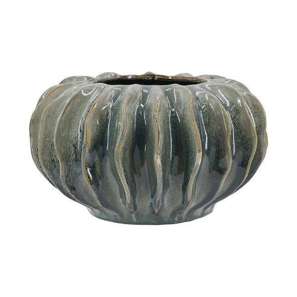 English Elm D13.2x7.5 Ribbed Ceramic Bowl Vase Artisan Reactive Glaze Sculptural Centerpiece Decor W2078P556210