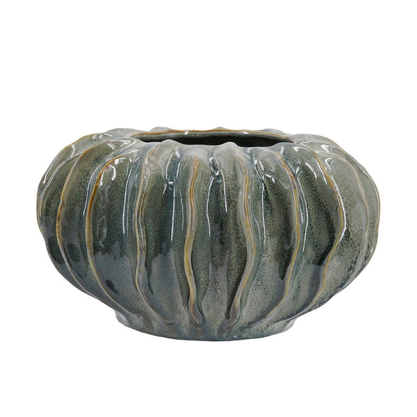 English Elm D13.2x7.5 Ribbed Ceramic Bowl Vase Artisan Reactive Glaze Sculptural Centerpiece Decor W2078P556210