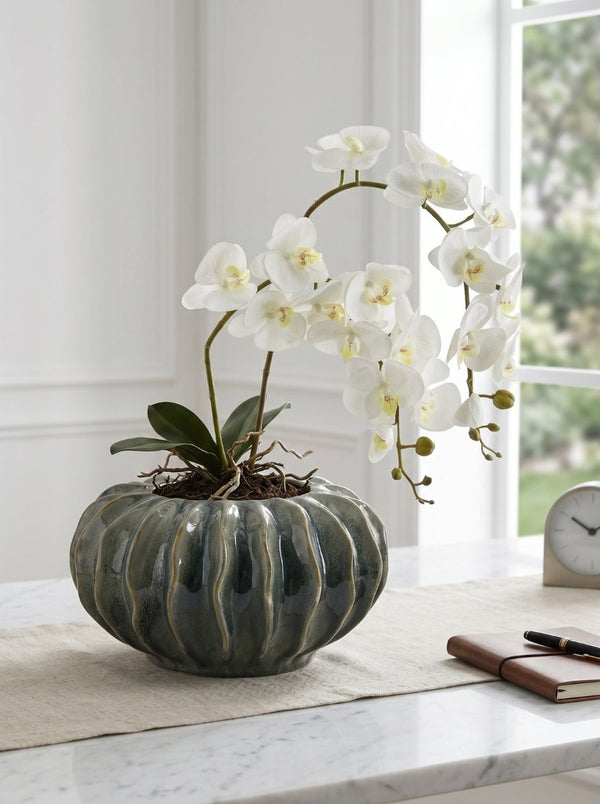 English Elm D13.2x7.5 Ribbed Ceramic Bowl Vase Artisan Reactive Glaze Sculptural Centerpiece Decor W2078P556210
