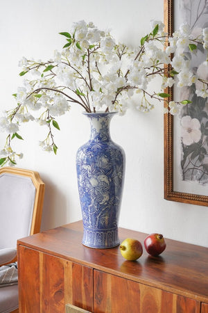 English Elm D7.7x20.3 Tall Chinoiserie Porcelain Vase Handpainted Blue White Floral Motif W2078P556211