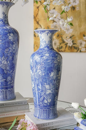 English Elm D7.7x20.3 Tall Chinoiserie Porcelain Vase Handpainted Blue White Floral Motif W2078P556211