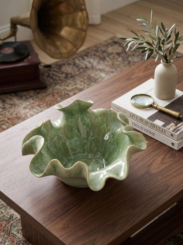 English Elm 13.8X13x6.9 Handcrafted Ceramic Bowl Ruffled Sage Glaze Centerpiece for Table or Console W2078P557640