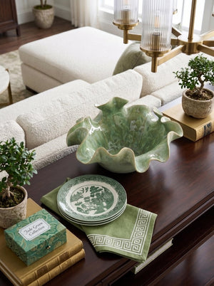 English Elm 13.8X13x6.9 Handcrafted Ceramic Bowl Ruffled Sage Glaze Centerpiece for Table or Console W2078P557640