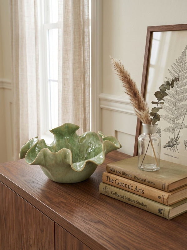 English Elm 13.8X13x6.9 Handcrafted Ceramic Bowl Ruffled Sage Glaze Centerpiece for Table or Console W2078P557640