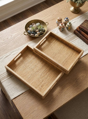 English Elm Set of 2 Handwoven Rattan Nesting Trays with Cutout Handles for Boho Home Styling W2078P558195