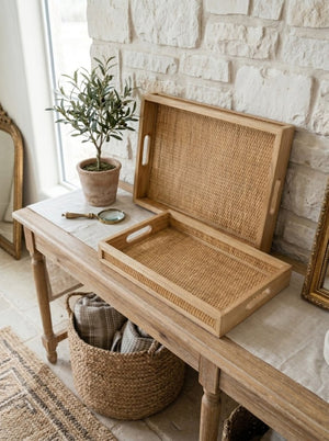 English Elm Set of 2 Handwoven Rattan Nesting Trays with Cutout Handles for Boho Home Styling W2078P558195