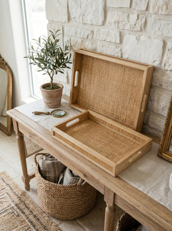 English Elm Set of 2 Handwoven Rattan Nesting Trays with Cutout Handles for Boho Home Styling W2078P558195