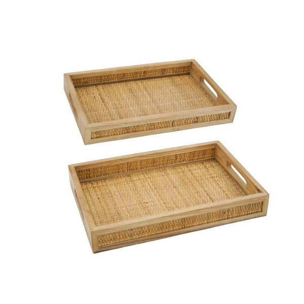 English Elm Set of 2 Handwoven Rattan Nesting Trays with Cutout Handles for Boho Home Styling W2078P558195