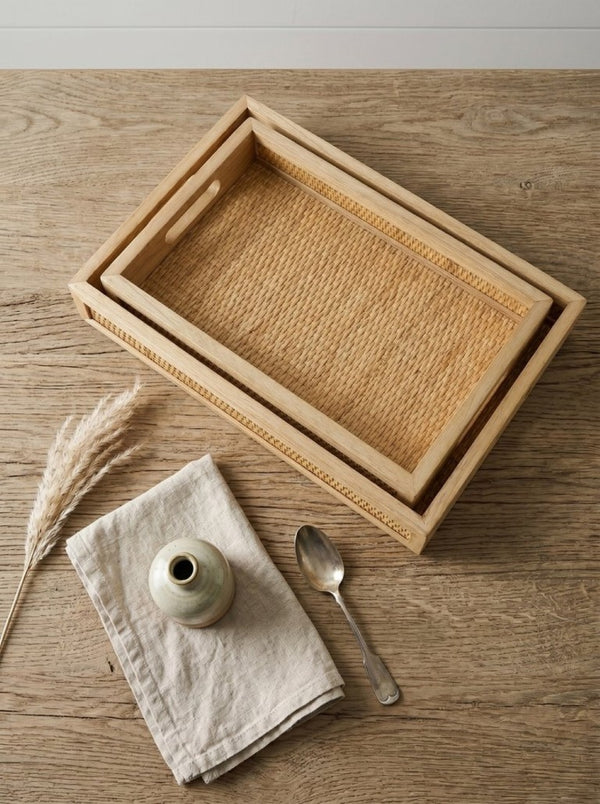 English Elm Set of 2 Handwoven Rattan Nesting Trays with Cutout Handles for Boho Home Styling W2078P558195