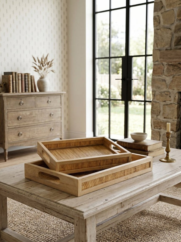 English Elm Set of 2 Handwoven Rattan Nesting Trays with Cutout Handles for Boho Home Styling W2078P558195