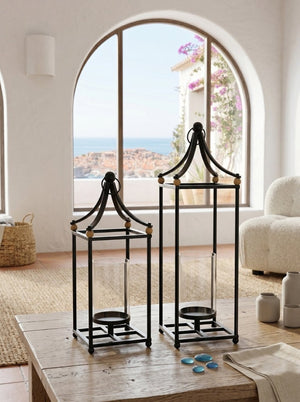 English Elm Set of 2 Matte Black Iron Arched Lanterns with Glass Hurricane for Mantel Decor W2078P558205