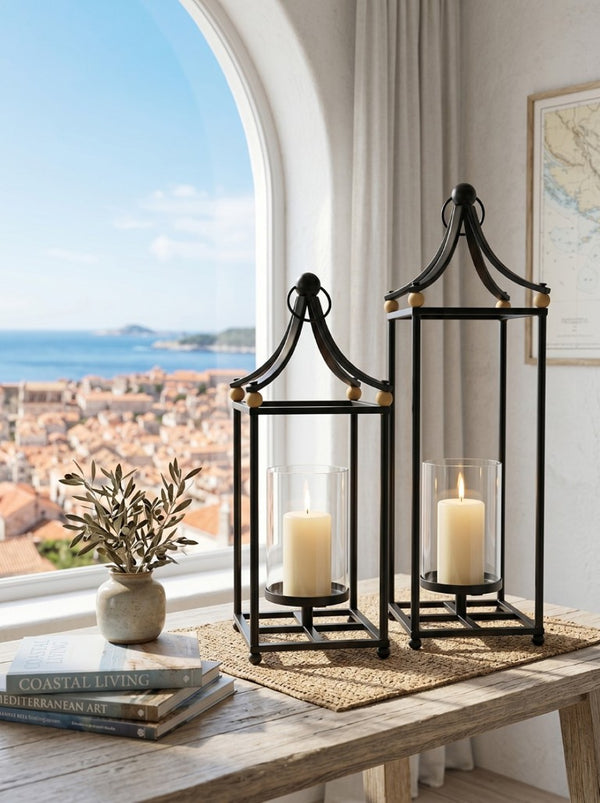English Elm Set of 2 Matte Black Iron Arched Lanterns with Glass Hurricane for Mantel Decor W2078P558205