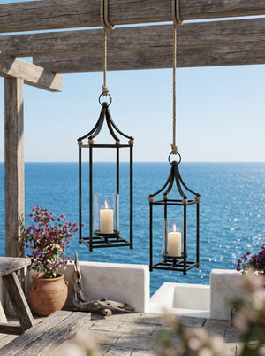 English Elm Set of 2 Matte Black Iron Arched Lanterns with Glass Hurricane for Mantel Decor W2078P558205