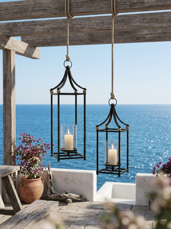 English Elm Set of 2 Matte Black Iron Arched Lanterns with Glass Hurricane for Mantel Decor W2078P558205