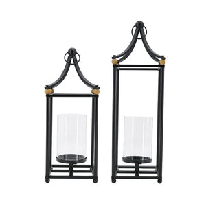 English Elm Set of 2 Matte Black Iron Arched Lanterns with Glass Hurricane for Mantel Decor W2078P558205