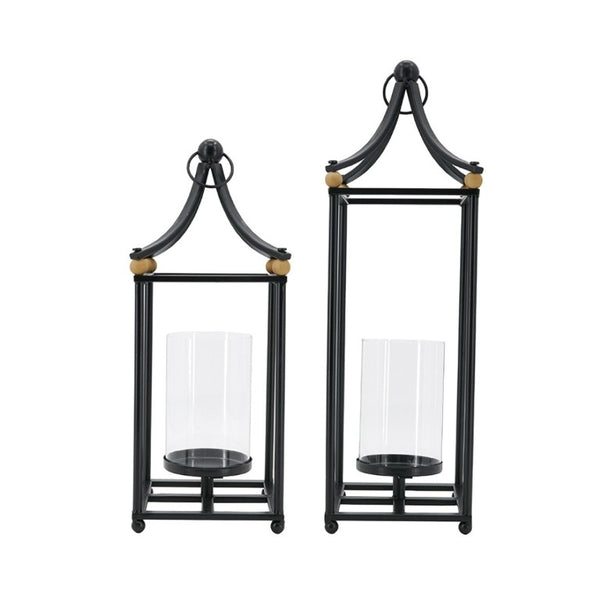 English Elm Set of 2 Matte Black Iron Arched Lanterns with Glass Hurricane for Mantel Decor W2078P558205
