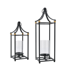 English Elm Set of 2 Matte Black Iron Arched Lanterns with Glass Hurricane for Mantel Decor W2078P558205